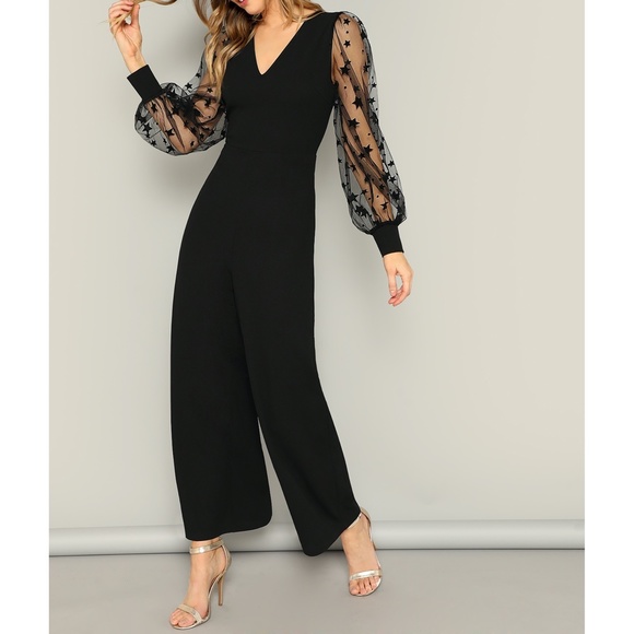 Black Mesh Star Print Sleeves Wide Leg Jumpsuit - Picture 6 of 7